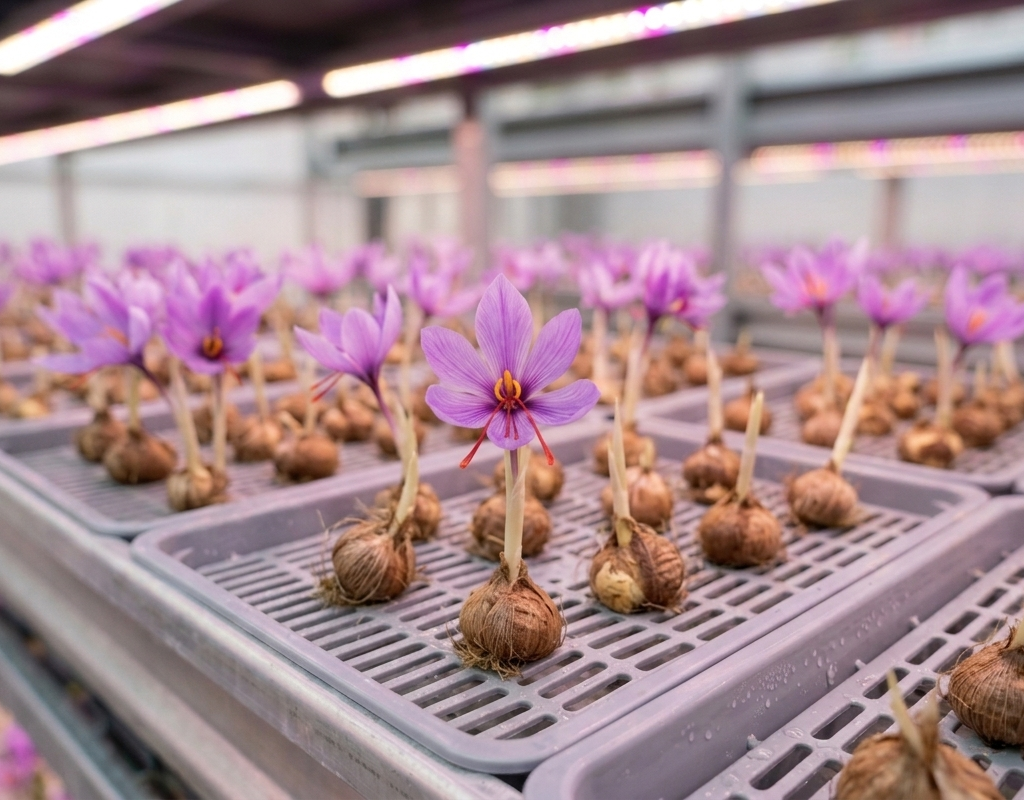 Indoor Saffron Farming Corms Blooming Under LED Grow Lights Rows of saffron crocus corms blooming with purple flowers on tray shelves under LED grow lights in an indoor cultivation facility.