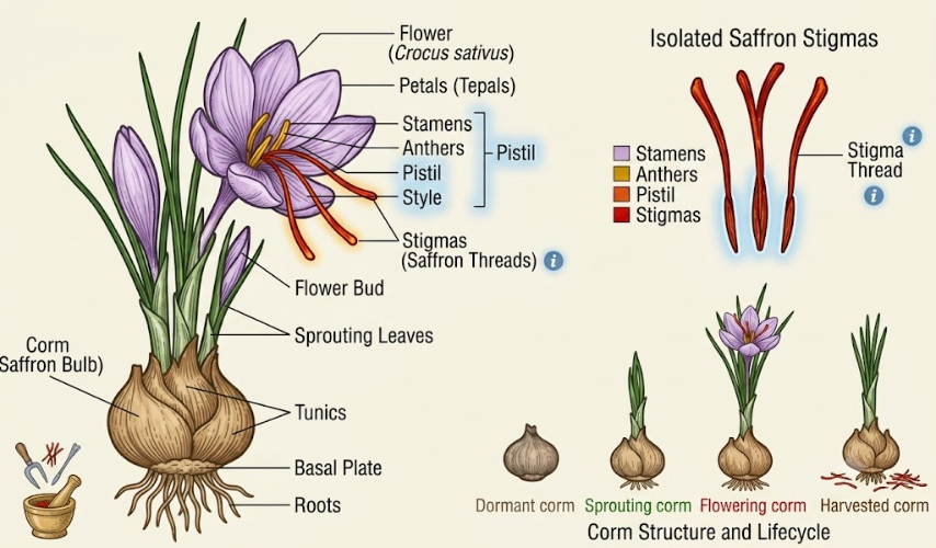 Saffron Flower Anatomy Stigmas, Pistil & Corm Structure Explained Diagram of saffron flower (Crocus sativus) showing petals, stamens, pistil, stigmas, and corm structure with lifecycle stages from dormant to harvested.