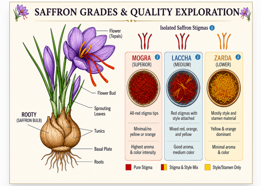 Saffron Grades Explained: Mogra vs Laccha vs Zarda Infographic comparing three saffron grades — Mogra, Laccha, and Zarda — showing stigma color, purity, and aroma intensity differences.